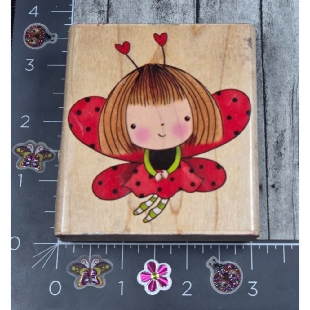 Penny Black Love Antennae Girl Ladybug Hearts 4119J Rubber Stamp Wood #L66